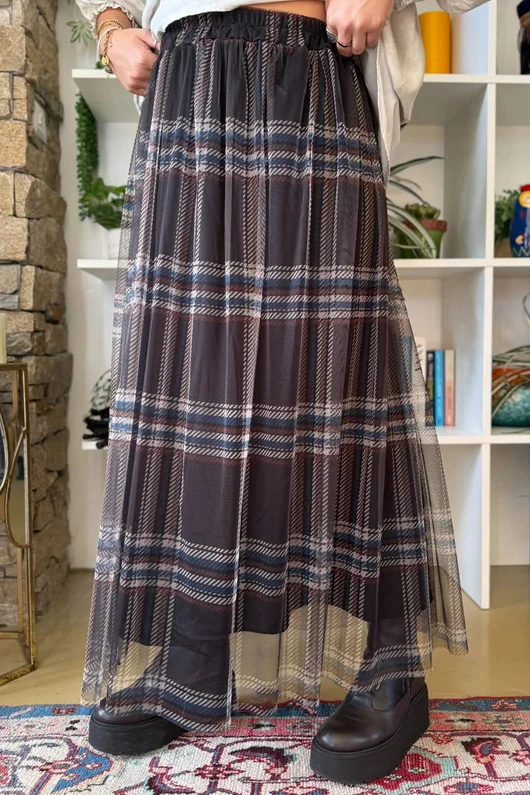 Myrtle Plaid Tulle Midi Skirt Chocolate